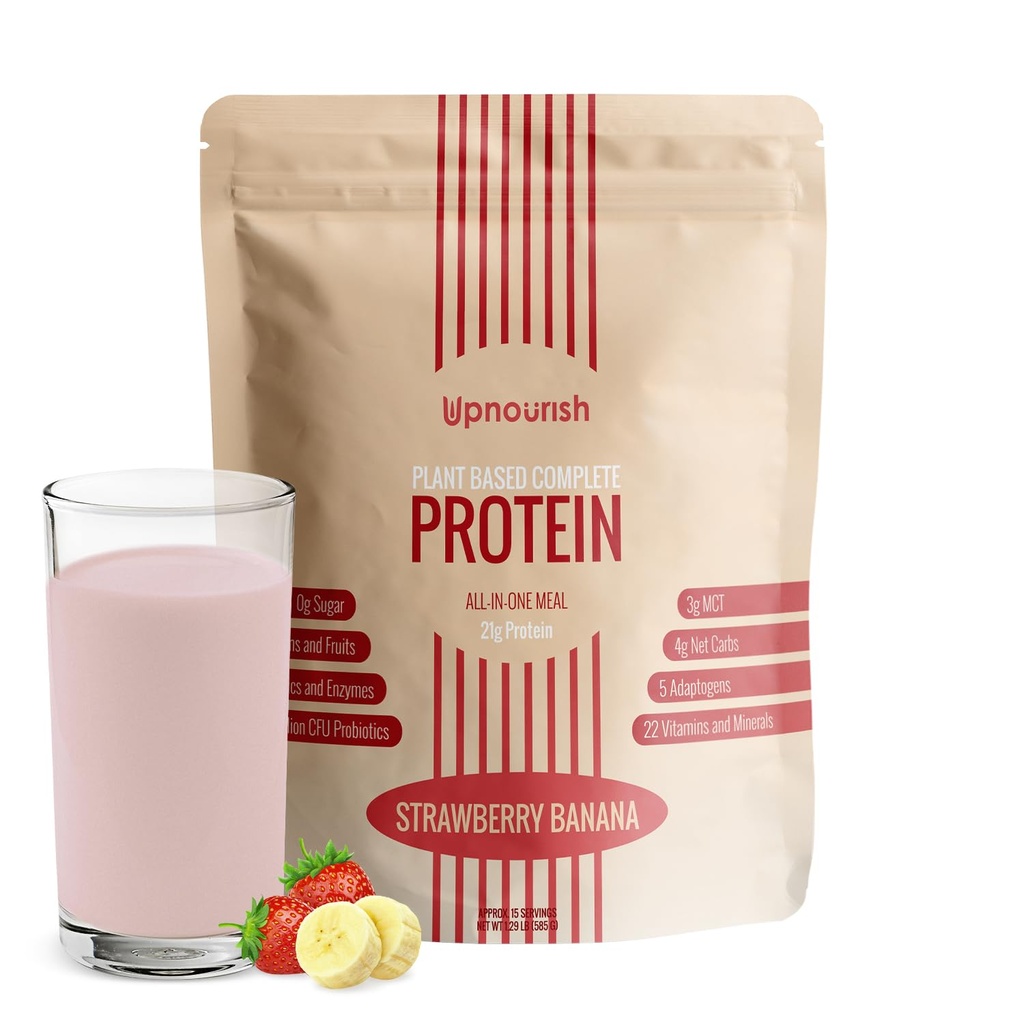 UpNourish Strawberry Banana Vegan Protein Powder 54 Superfoods Powder, 1.5 Billion CFU Probiotics 21g Plant 기반 Protein, Sugar No Dairy No GMO Dairy Free, Meal Replacement Shake Keto-Friendly Low-Carb Diet,15 서빙