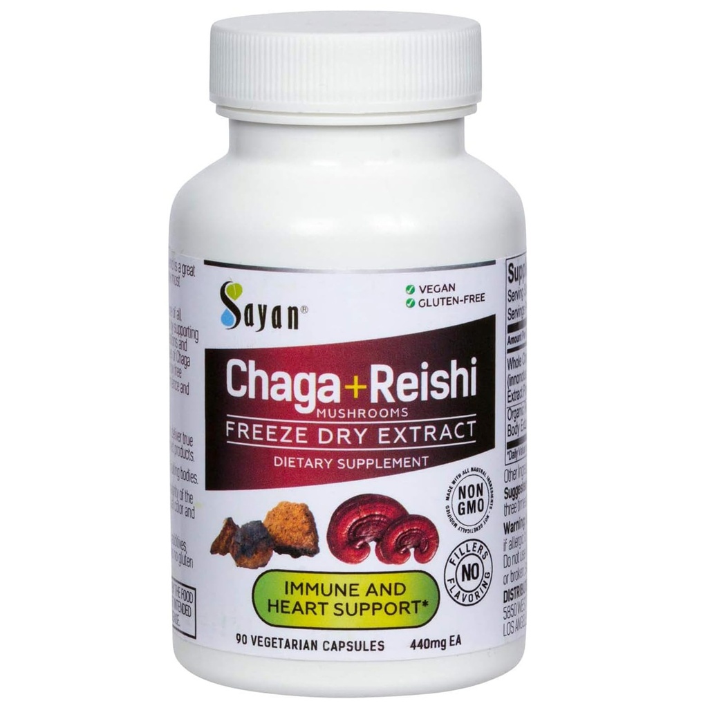 Sayan Siberian Chaga 및 유기 Reishi 버섯 추출물 보충 - 90 캡슐 / 440mg 각각 - Immune 시스템 지원 + 천연 에너지 부스트, 비 GMO, 글루텐 무료 용 Wild-Harvested