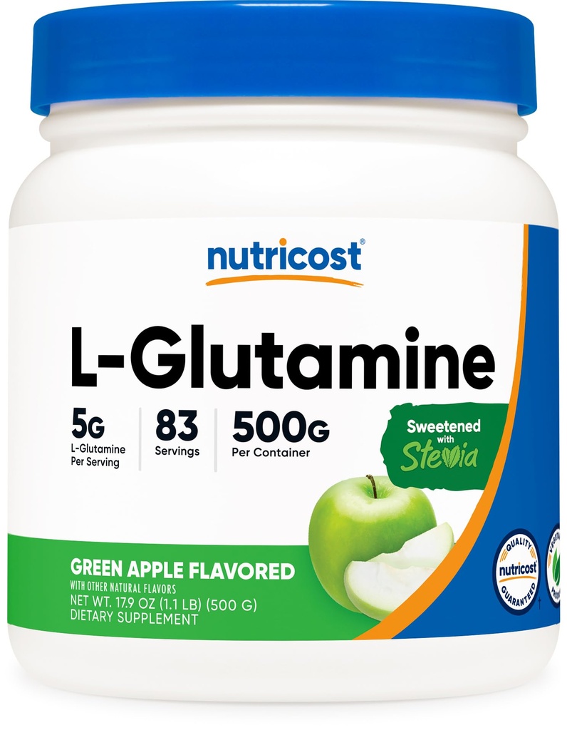 Nutricost L 글루타민 분말 보충교재 (녹색 사과) 500g - Gut 지원, 스테비아와 함께 서빙 당 5개 그램 - 글루텐 무료, 비 GMO
