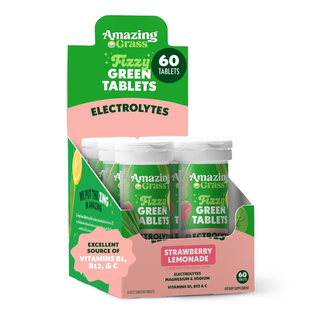 Amazing Grass Electrolyte Tablets, Fizzy Greens Water flavoring Tablet with Vitamins, Hydrate Strawberry Lemonade, 10 Count (Pack of 6) (패키지 May Vary)
