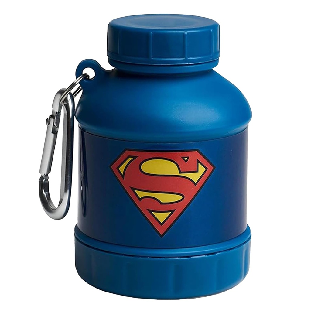 Smartshake 정의 리그 Whey2Go 슈퍼맨 단백질 분말 저장 용기 50g – BPA 무료 셰이커 병 깔때기 단백질 분말 + 단백질 쉐이크 110ml, DC 만화 슈퍼맨 선물 남자