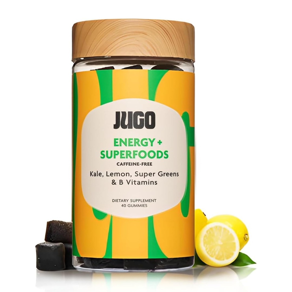 JUGO Energy + SUPERFOODS | 칼 & 슈퍼 그린 비타민 B12 구미 | 40 Count Caffeine-Free Energy Gummies | 플랜트 기반, 젤라틴 프리, 비 GMO, 미국