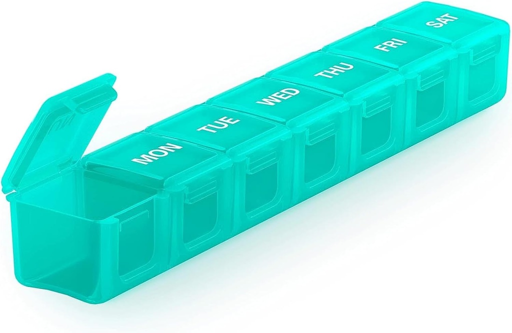 Sukuos Extra Large Weekly Pill 주최자, 7 Day Daily Pill Box Case Arthritis 친화적 인 실크 스크린은 비타민, 생선 기름 또는 보충제 (Cyan)에 대한 명확한 뚜껑이있는 의약품 용기를 인쇄했습니다.