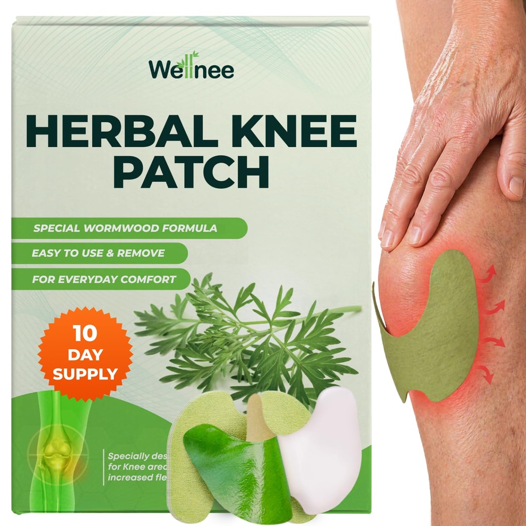 Wellnee Original Herbal Knee Patch - 무릎 지원 및 근육 통증을위한 Wellknee Plaster - 임시 구호를위한 최대 힘 - 웰빙을위한 천연 허브로 만든 접착제 열 패치 (10 패드)