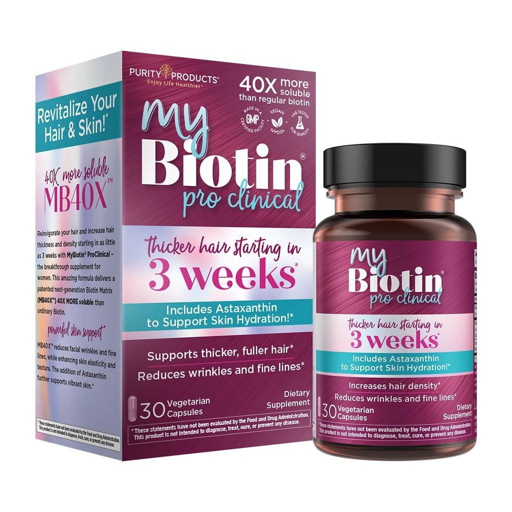 순수성 제품 MyBiotin ProClinical – 3 Weeks & Fights Wrinkles에서 시작하는 더 두꺼운 머리 - MB40X에 의하여 특허가 주어진 Biotin 비타민 B7 모체 w/Astaxanthin - 40X 더 가용 대 Ordinary Biotin, 30 Veg 캡슐