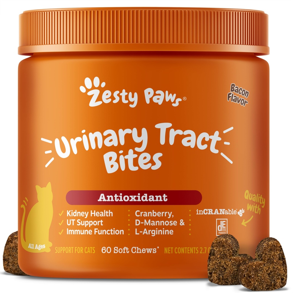 고양이를위한 맛있는 파우 크랜베리 우린 트랙 비트 - Kidney & Urinary Tract Health - D-Mannose, 비타민 B6 및 L-Arginine과 부드러운 Chews - 면역력 - 베이컨 - 60 카운트