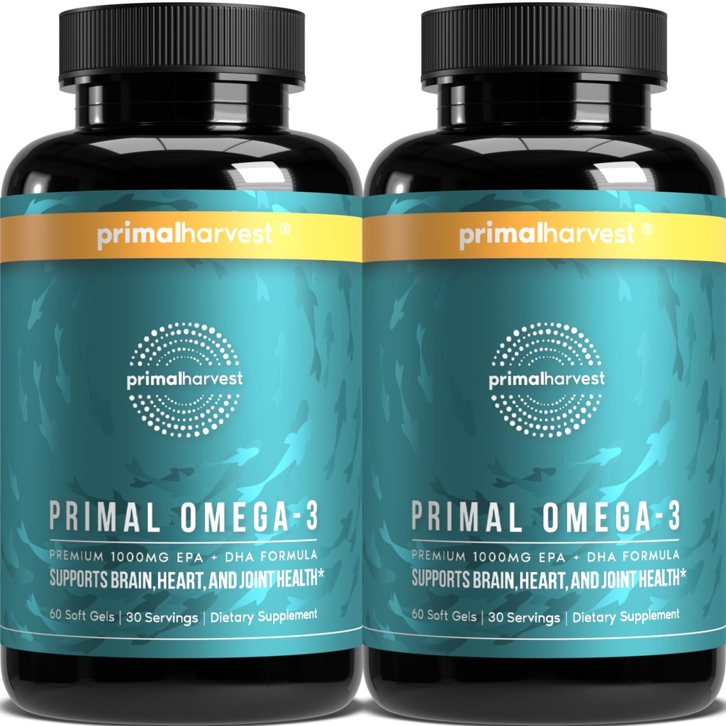 Primal Harvest Omega 3 물고기 기름 보충교재, 30의 서빙 연약한 젤 캡슐 w/1000mg EPA + DHA 보충교재, 아니 Fishy Burps 비 GMO Omega 3 지방산, 2 팩