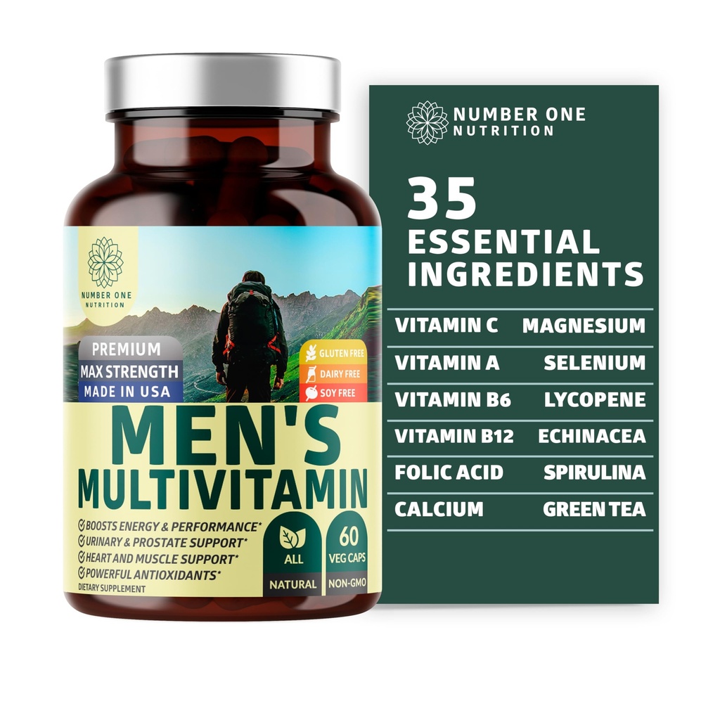 번호 하나 영양 프리미엄 남자의 매일 Multivitamin Multimineral 보충교재 [Gluten 무료, 비 GMO], 비타민 A C E D B1 B2 B3 B5 B6 B12, 마그네슘, Biotin, Sprulina 및 아연, 60 Veg 모자