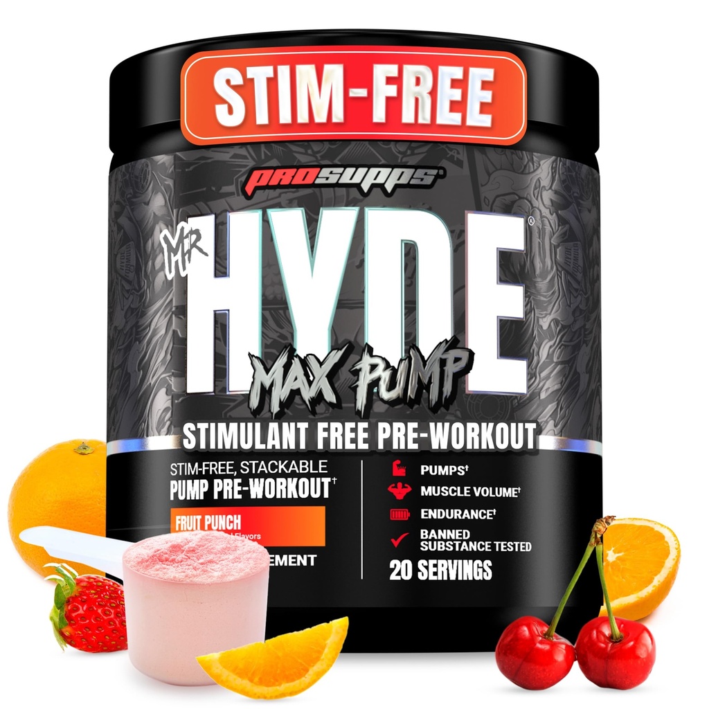 PROSUPPS Mr. Hyde Max Pump Pre Workout Powder - Stim-Free Preworkout Support Blood Flow, Muscle Volume & Endurance - Caffeine-Free Nitric Oxide Gym & Fitness Supplements (Fruit Punch, 20 서빙)
