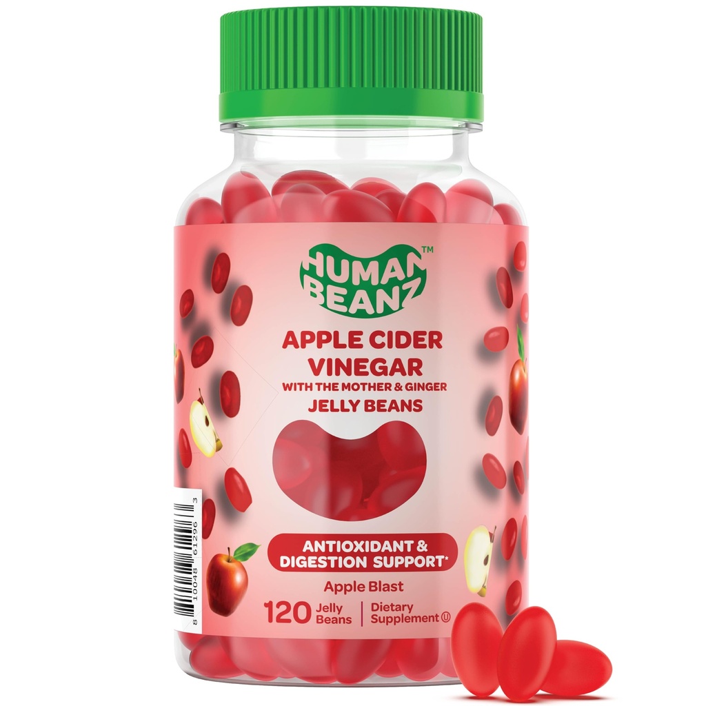 Apple Cider Vinegar Jelly Bean Gummies with The Mother and Ginger, 남성과 여성을위한 채식 보조 보조 보조 보조 보조 보조 식품, 소화 건강 지원, 120 Apple Blast Jelly Beans, Kosher