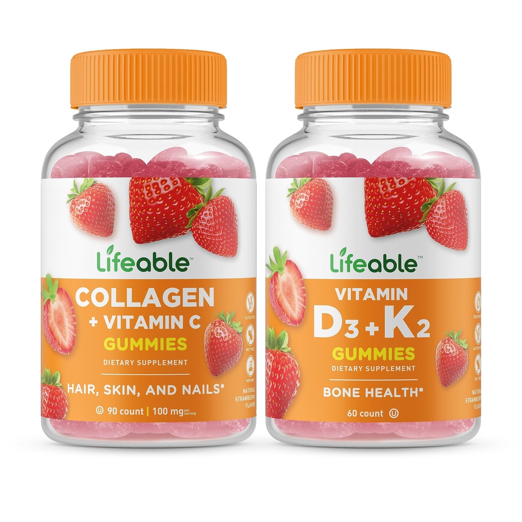 Lifeable Collagen & 비타민 C + 비타민 D3 + 비타민 K2, Gummies 번들 - 훌륭한 타스팅, 비타민 보충, 글루텐 무료, GMO 무료, Chewable Gummy