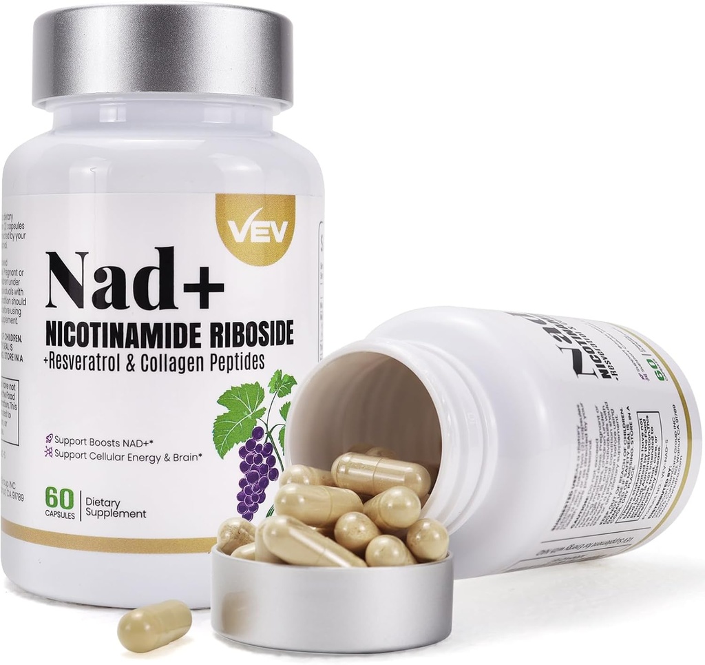 VEV NAD 보충교재 캡슐 - Nicotinamide Riboside, 다콜라겐, 이산화탄소 - 피부를 위한 NAD 보충교재 - 60의 캡슐*2