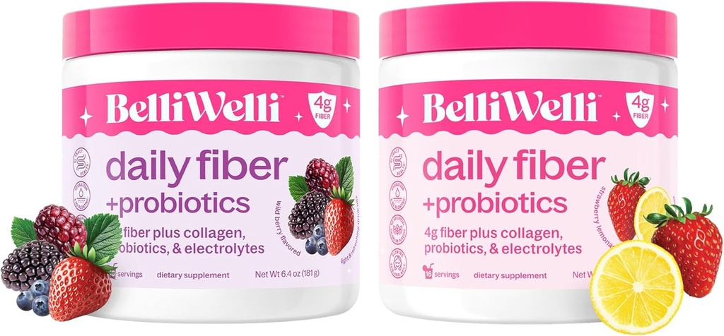Belli Welli Daily Fiber Supplement Bundle with Collagen, Probiotics & Electrolytes – Strawberry Lemonade & Wild Berry flavors – 소화, Gut Balance, & Debloating 지원 – 32 서빙