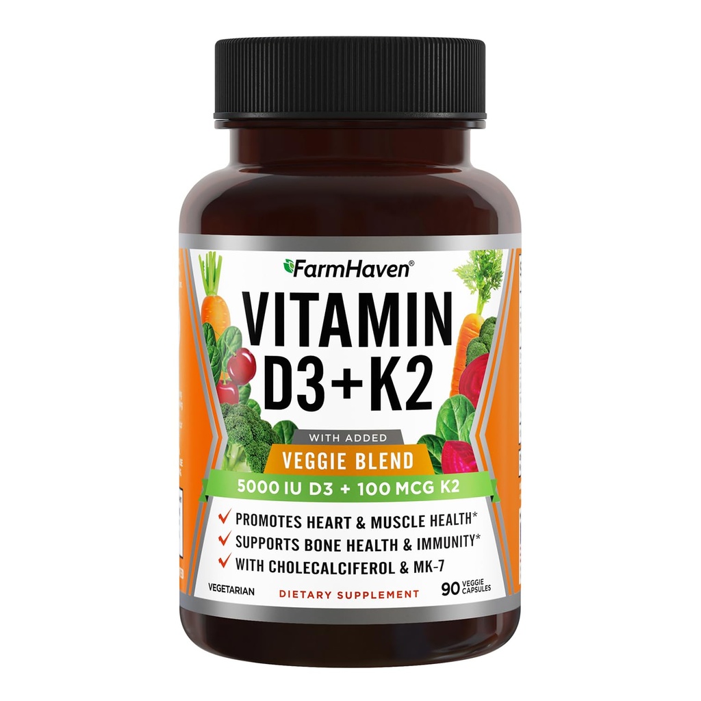 FarmHaven 비타민 D3 K2 캡슐 - 5000 IU D3 및 100 mcg K2 - Veggie 과일 혼합을 가진 Cholecalciferol MK7 - 면역 체계 & 심장 건강을 위한 비타민 D K2 보충교재 - 채식주의자, 비 GMO, 90의 모자
