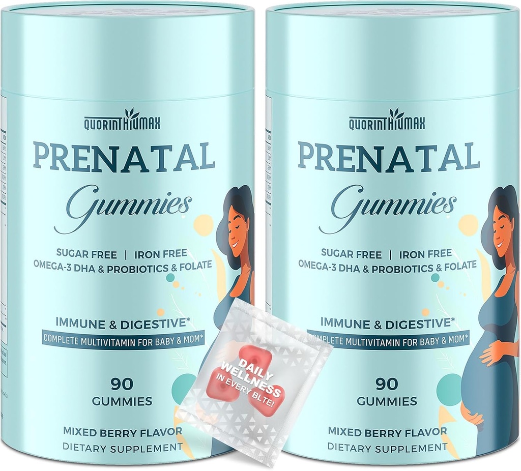 Prenatal Gummies Sugar Free 180 Count - Folate, DHA 및 Probiotics가있는 여성을위한 유기농 Prenatal 비타민 - Immune & Digestive 용 Iron Free Prenatal 비타민 Gummies - 2 병