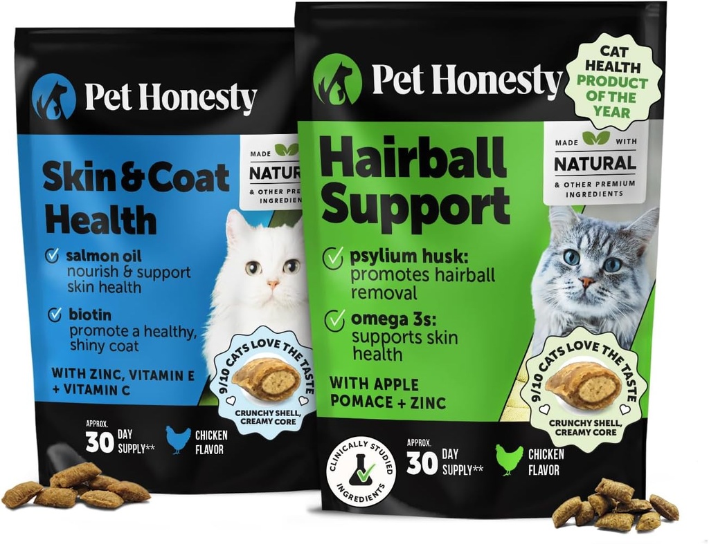 Cat Skin & Coat Health & Hairball Support 번들 : 빛나는 코트 & Furball Remedy 용 오메가 & Biotin Chews (Chicken 30 일 공급)