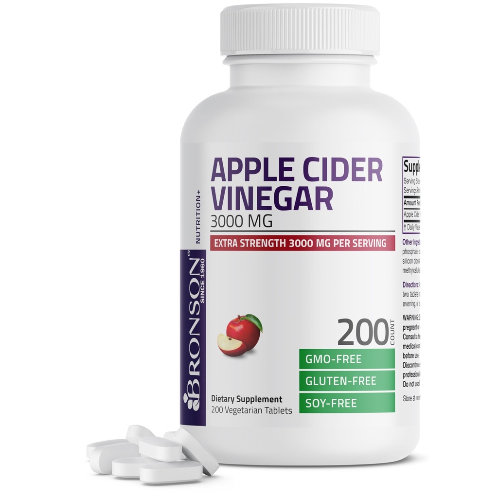 Bronson Apple Cider Vinegar 3000 MG per 서빙 추가 강도 - 비 GMO, 200 채식 정제