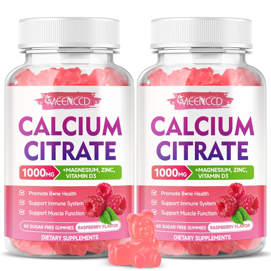 2 팩 칼슘 구연산염 Gummies 1000mg w/Vitamin D3의 여자를 위한 높은 흡수 칼슘 Gummies & 남자, 더하기 마그네슘, 칼륨, 근육 & 면역성, 라즈베리 풍미, 120 조사