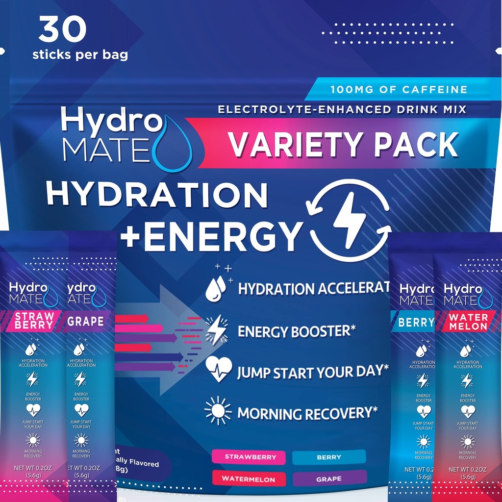 HydroMATE Electrolytes 분말 음료 혼합 소포 Hydration 가속기 급속한 회복 비타민 C 플러스 카페인 다양성 팩 - 30 조사를 위한 낮은 설탕 당 꼭지