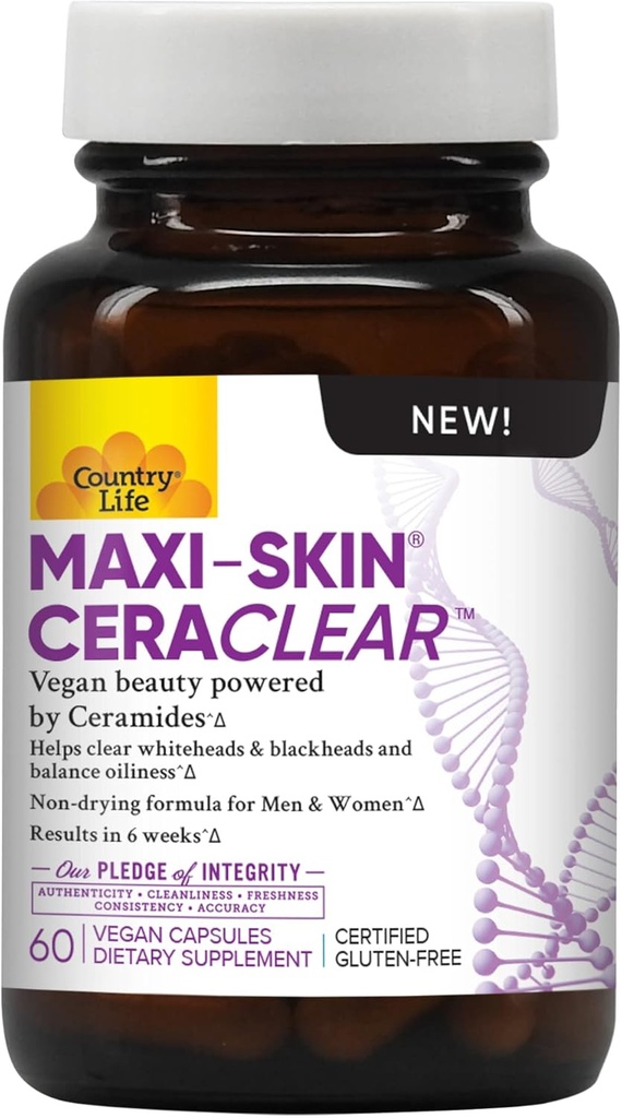 Country Life Maxi-Skin CeraClear, 60 Vegan 캡슐 - 임상적으로 Clear, Hydrated Skin & Improve Hyperpigmentation - 글루텐 무료, Vegan, Kosher