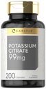 Carlyle 칼륨 구연산염 보충교재 | 99mg | 200의 캡슐 | Non-GMO와 글루텐 무료