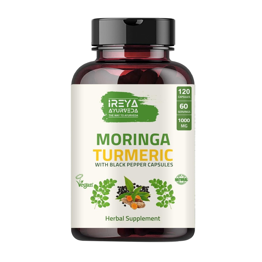 유기 Moringa Oleifera 분말 & 블랙퍼 120 캡슐과 심황 뿌리 분말 | 유기 Moringa, 심황 및 블랙퍼로 만든 | Vegan, 글루텐 프리 및 비 GMO.