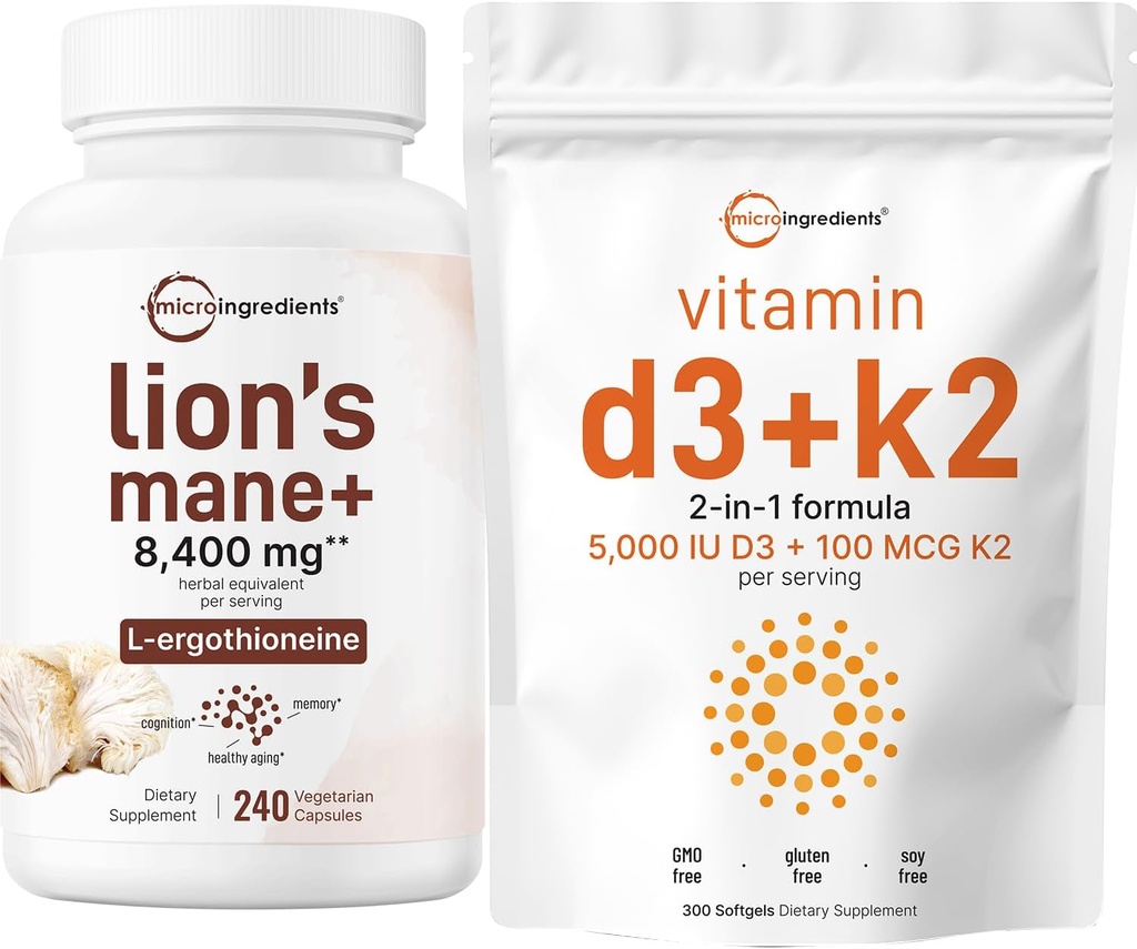 마이크로 성분 비타민 D3 5,000iu + K2 100mcg Softgels & 사자 Mane 보충교재 240 Veggie 캡슐 뭉치 2 팩 | 근본적인 선샤인 비타민 | L-Ergothioneine를 가진 Superfood 버섯 산화 방지제