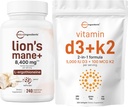 마이크로 성분 비타민 D3 5,000iu + K2 100mcg Softgels & 사자 Mane 보충교재 240 Veggie 캡슐 뭉치 2 팩 | 근본적인 선샤인 비타민 | L-Ergothioneine를 가진 Superfood 버섯 산화 방지제