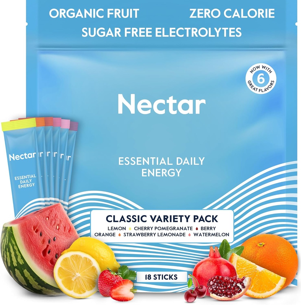 Nectar Energy Booster - 유기 카페인, B12 & Electrolytes - Sugar Free & Zero Calorie - 건강한 커피, 에너지 음료 및 소다 대안 - Hydration & Energy Supplement (Variety 18 Powder Packets)