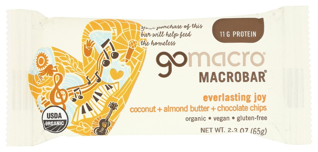GoMacro MacroBar, 유기 채식 단백질 바, 코코넛, 알몬드 버터 + 초콜릿 칩, 2.3 오닉스