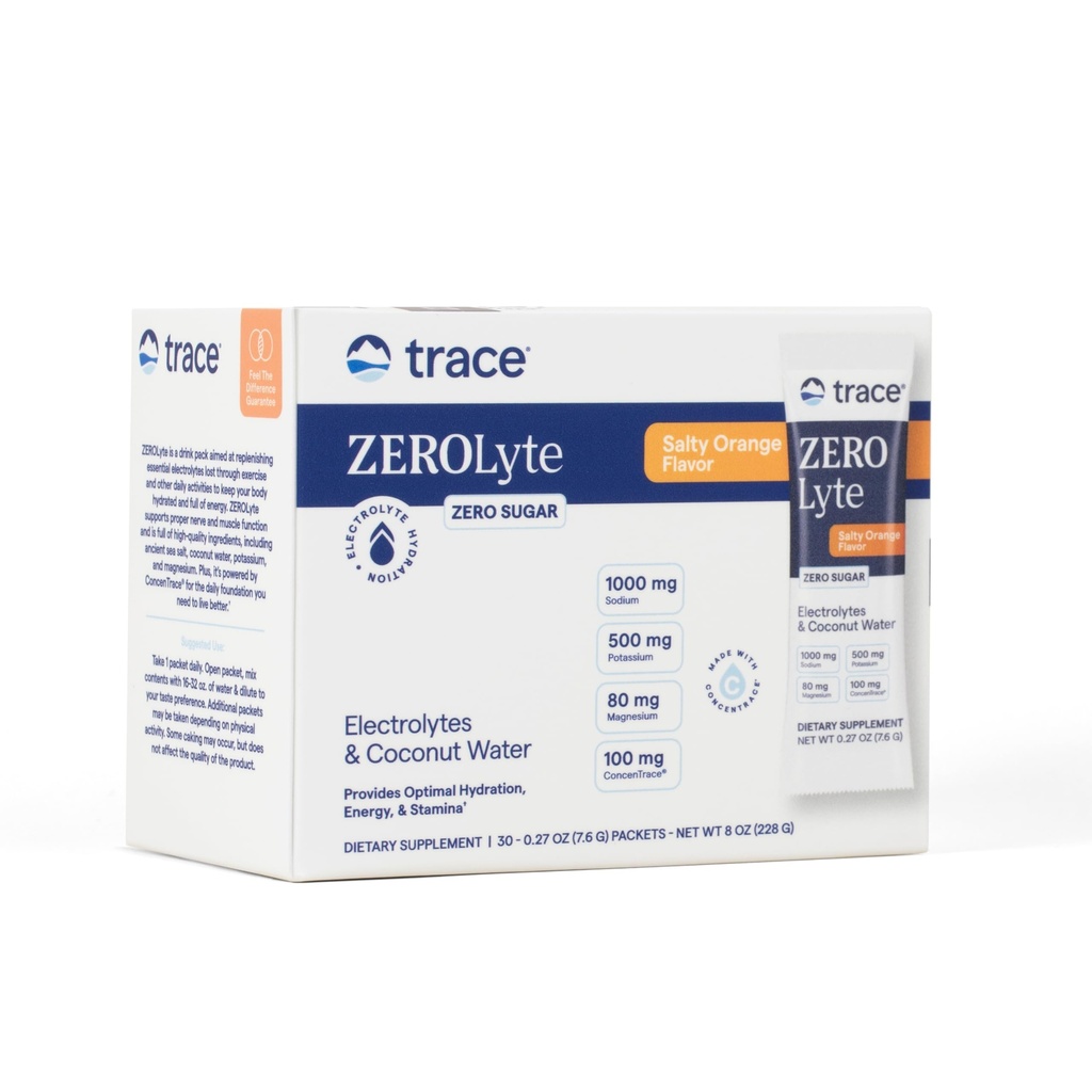 Trace Minerals ZeroLyte - 나트륨 및 전자 보충 - 에너지 및 수분 지원 음료 분말 - Nerve & 근육 기능 지원 - Salty Orange, 30 Packets (30 서빙)