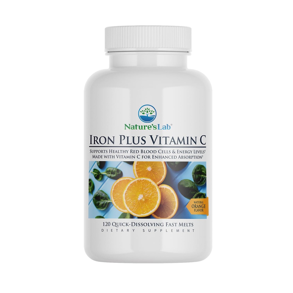 Nature's Lab Iron Plus Vitamin C Fast Melt Tablets - Stomach Carbonyl Iron, 건강한 붉은 혈액 세포를위한 높은 흡수 * - 120 정제