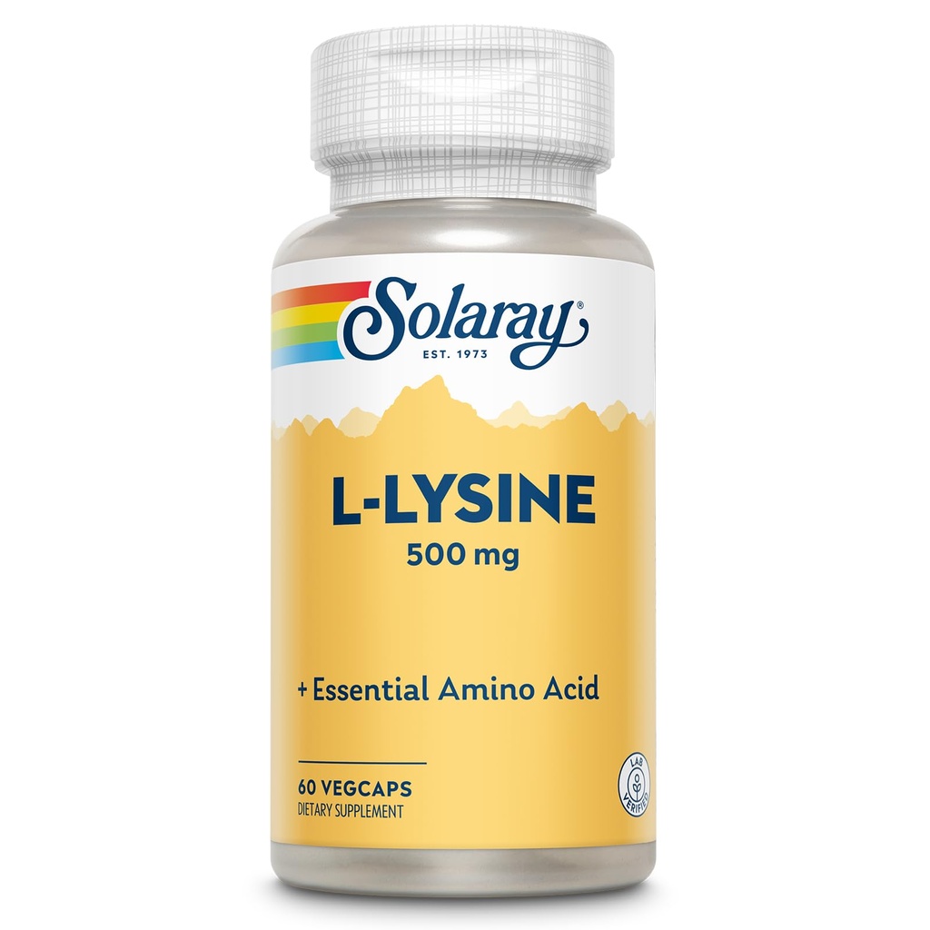 SOLARAY L Lysine 500 mg 캡슐 - Free-Form Essential Amino Acids Supplement - L-Lysine Amino Acid와 강력한 웰빙 지원 - 검증 된 실험실, 60 일 보증, 60 서빙, 60 VegCaps