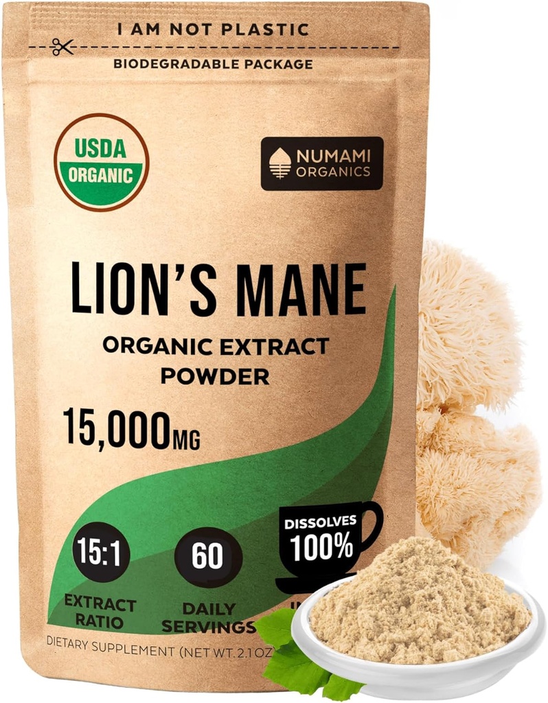 Numami Organic Lions Mane Mushroom Extract Powder | 높은 효능에 대한 이중 추출 | 쉽게 인지 기능을 강화하기 위해 매일 차 커피 또는 스무디에서 용해