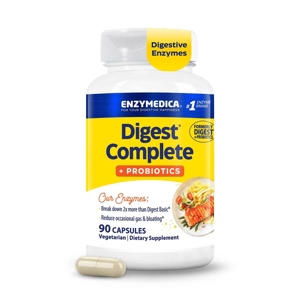 Enzymedica, Digest Complete + Probiotics, 전체 범위, 캡슐 당 800 백만 CFU 활성 문화와 매일 효소, 90 캡슐