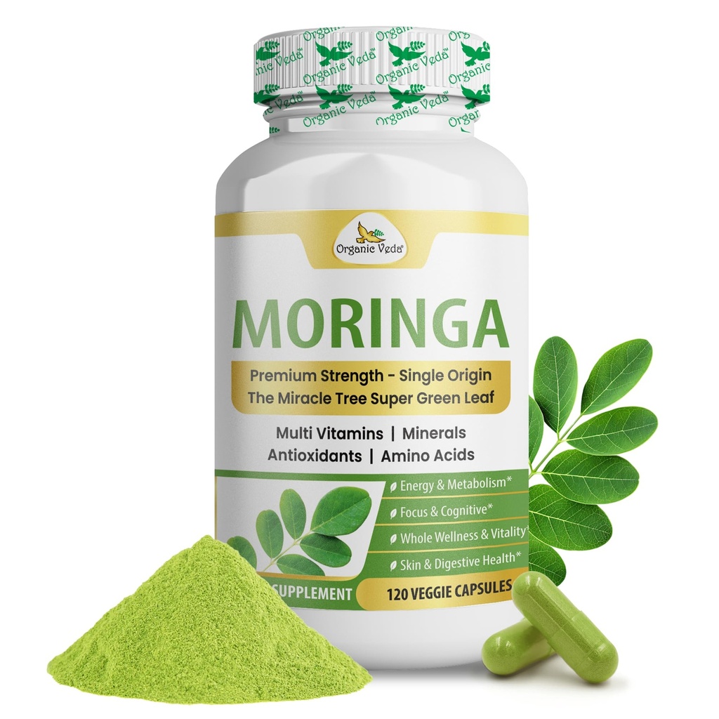 유기 Veda Moringa 잎 캡슐 1000mg, 120 조사 - 순수한 익지않는 Moringa Oleifera 분말 전체적인 잎 녹색 최고 음식 보충교재 - 부스트 에너지, 건강, 웰빙 & 산화 방지제 부유한