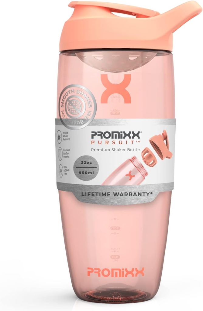 Promixx Pursuit Protein Shaker Bottle (32 oz) - Silent No-Ball 믹서, 누출 방지 뚜껑, BPA / BPS 및 Phthalate-Free ECOZEN - 단백질 쉐이크, Pre & Post-Workout 스무디를위한 쉬운 청소 셰이커 컵