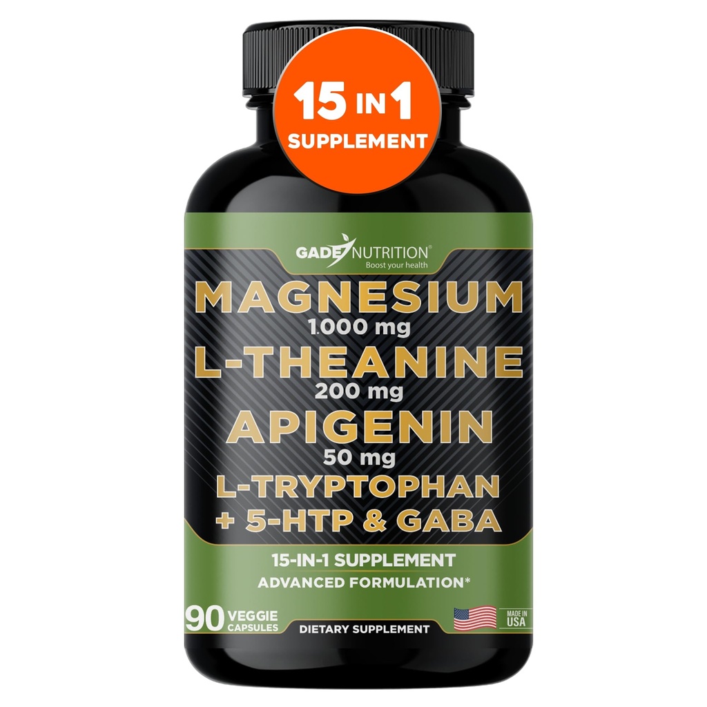 Gade 영양 마그네슘 글리세라이드 및 마그네슘 보충제 Apigenin, L Theanine 200 mg, 5 HTP, GABA Calm 뇌 부스터 보충 수면 보조 Ashwagandha L Tryptophan Chamomile