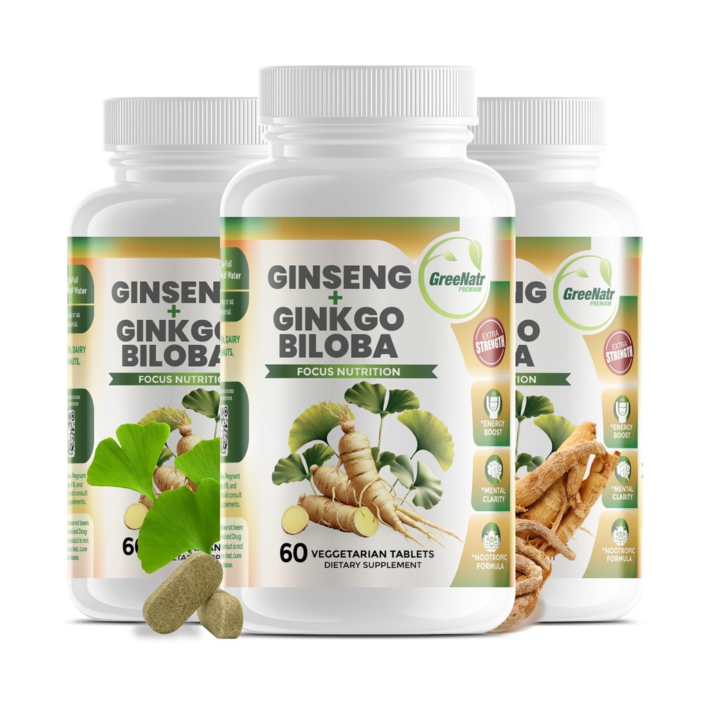 GreeNatr Ginko Biloba & Panax Ginseng 보충교재 - 기억과 초점을 위한 빨간 인삼 뇌 보충교재 - Ginkgo Biloba 좋은 시각, 면역 체계 및 개량한 혈액 교류를 위한 보충 교재 - 3개의 병