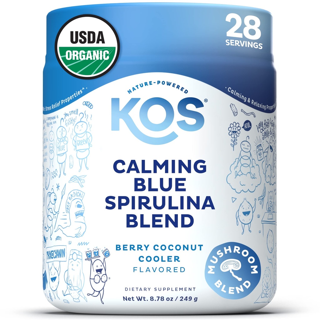 KOS Calming Blue Spirulina Blend- USDA 인증 유기농 - Ashwagandha 뿌리, 레몬 Balm, Reishi Mushroom, B 비타민 - Berry Coconut Cooler 풍미, 28 서빙