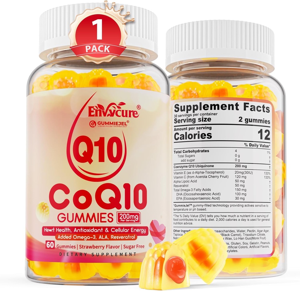 설탕 자유로운 CoQ10 200mg는 Gummies, 5X 더 나은 흡수 CoQ10 w/Resveratrol, 알파 Lipoic 산, Omega-3, 비타민 E, C의 세포 에너지, 심장, 뇌 및 산화 방지제 (1Pack)를 위한 Coenzyme Q10를 채웠습니다
