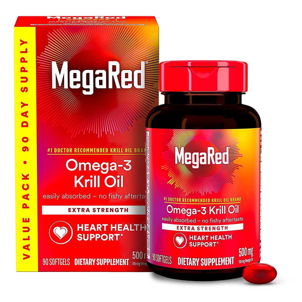 MegaRed 남극 Krill 기름 500mg Omega 3 지방산 보충교재, 여분 힘 EPA & DHA Krill 기름 Softgels (90cnt 상자), Astaxanthin, 물고기 기름 aftertaste를 가진 심장 건강 보충교재