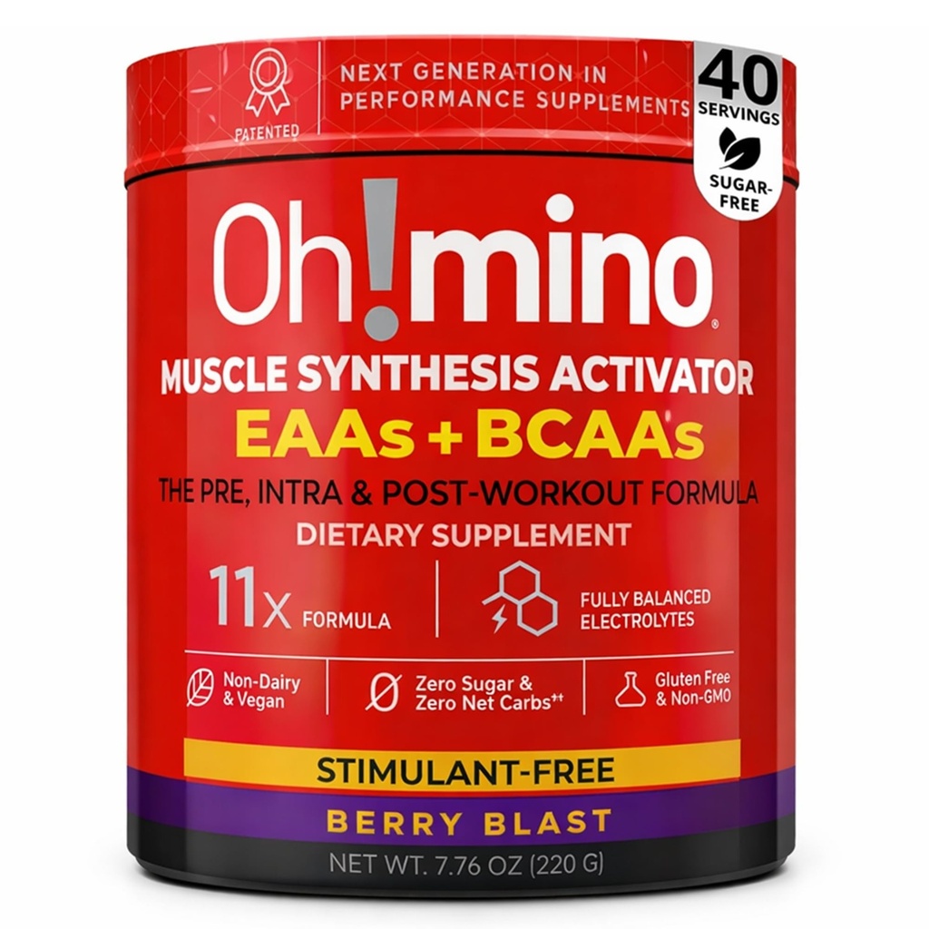 Oh!mino 필수 아미노산 보충교재. Berry Blast, Stimulant-Free 분말. 모든 9 EAAs, BCAAs 및 운동, 아미노산 에너지를위한 완벽한 아미노산, 근육을 구축하고 더 빠른 회복.