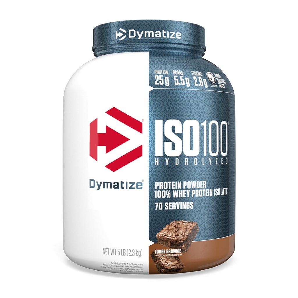 Dymatize ISO100 Whey Protein Powder Isolate, Fudge Brownie, 25g의 단백질, 5 파운드, 5.5g BCAAs, 120 Cal 미만., 글루텐 무료, 1g 지방, 1g 설탕, 2g Carb (70 서빙)