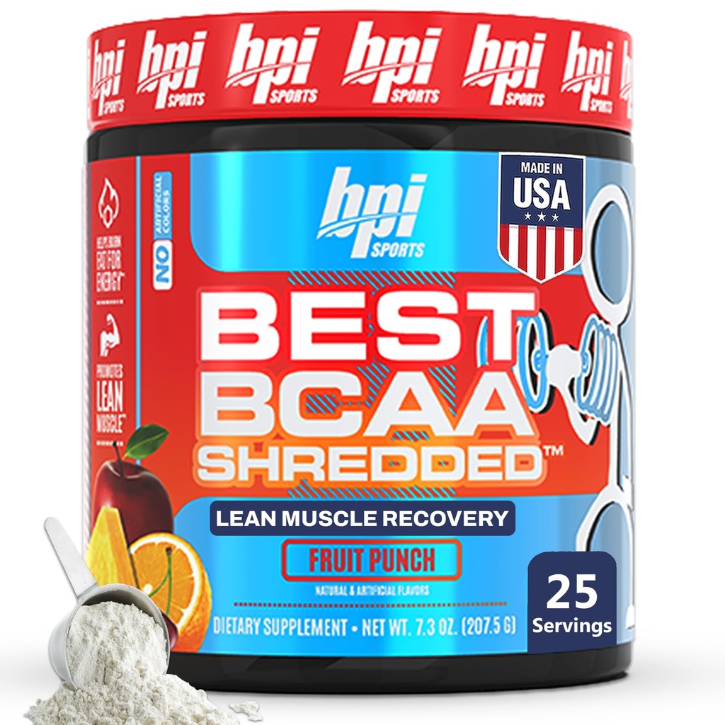 BPI 스포츠 최고의 BCAA Shredded - 카페인 무료 Thermogenic 복구 음료, 여성과 남성, Preworkout BCAAs 아미노산 음료 - 과일 펀치 - 25 서빙