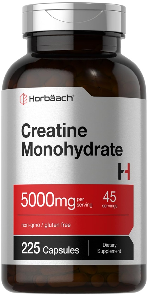 Horbäach Creatine Monohydrate | 5g | 225 캡슐 | 비 GMO, 글루텐 프리 보충교재