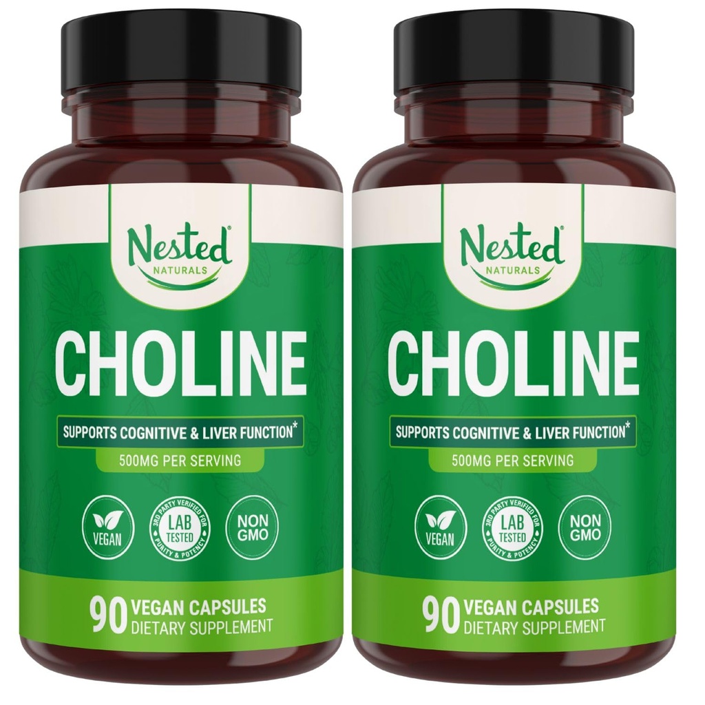 Nested Naturals Choline Bitartrate 500mg - 높은 Potency Choline 보충제 - 임신 중 Maternal & Fetal 건강 지원 * - 100 % Vegan & Non-GMO - 2-Pack (180 Vegan 캡슐)