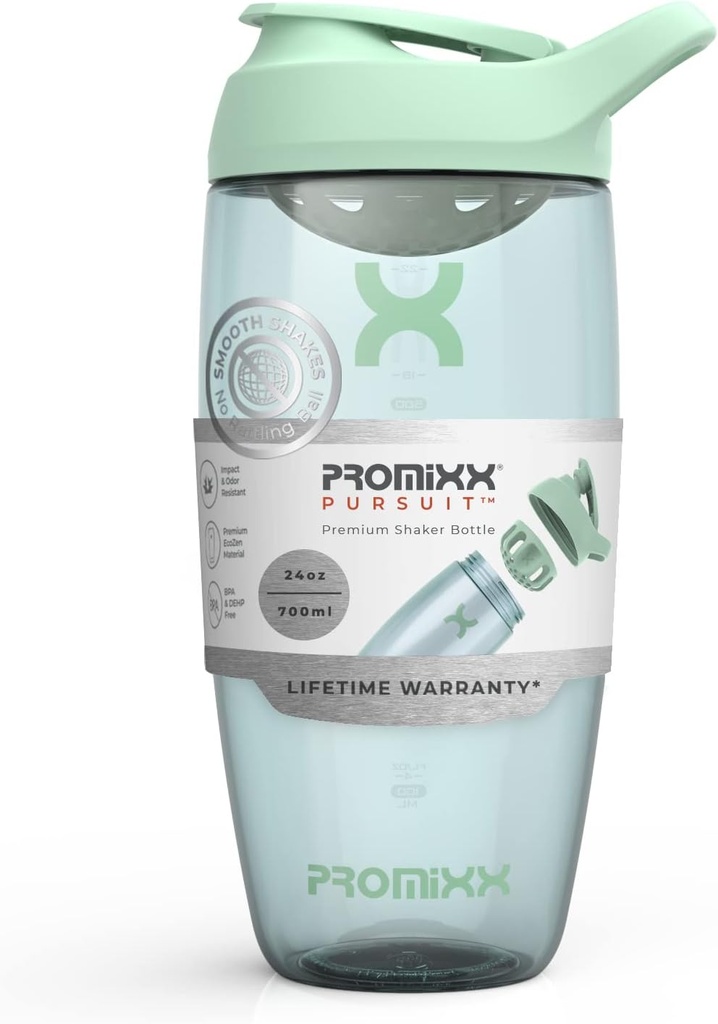 Promixx Pursuit Protein Shaker Bottle (24 oz) - Silent No-Ball 믹서, 누출 방지 뚜껑, BPA / BPS 및 Phthalate-Free ECOZEN - 단백질 쉐이크, Pre & Post-Workout 스무디를위한 쉬운 청소 셰이커 컵