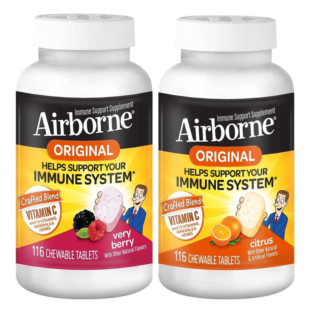 Airborne 1000mg 비타민 C Chewable 정제 밀감속 & 아주 베리 풍미 뭉치 - 아연과 강력한 산화 방지제 비타민 A C & E, (2x116ct 병)를 가진 면역 지원 보충교재