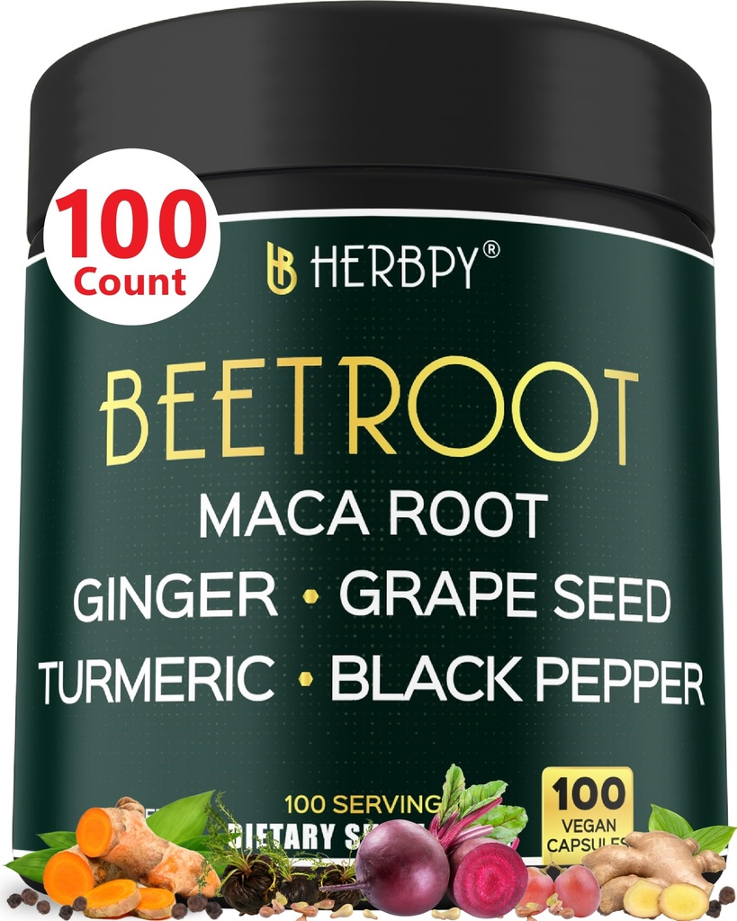 Maca 뿌리, 포도씨, 생강, 심황 및 심장 건강 & 면역 지원을위한 검은 후추와 6in1 Beetroot 보충 - 100 Vegan 캡슐